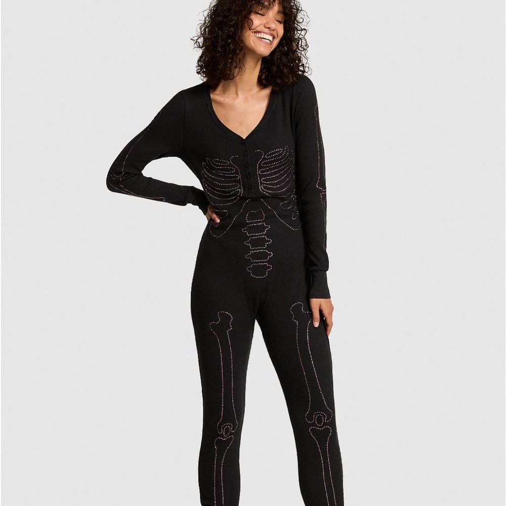 PINK Victoria's Secret Black and Pink Diamanté Skeleton Pajama Onesie